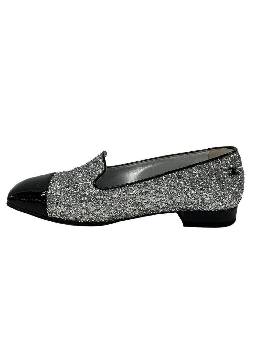 Chanel Flat Shoes Silver Black Leather